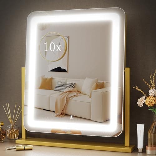 Lighted Makeup Mirror, Hollywood Vanity Mirror with Lights, Three Color Lighting Modes, and Detachable 10X Magnification Mirror, Smart Touch Control, 360°Rotation (15.2in. Gold) - Image 1