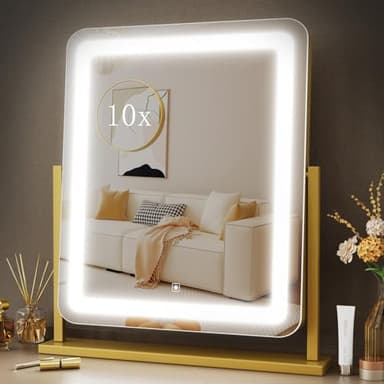Lighted Makeup Mirror, Hollywood Vanity Mirror with Lights, Three Color Lighting Modes, and Detachable 10X Magnification Mirror, Smart Touch Control, 360°Rotation (15.2in. Gold) - Image 1