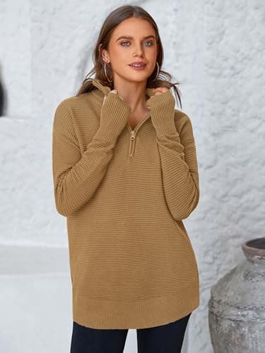 PRETTYGARDEN Womens Long Sleeve Quarter Zip Pullover Sweater Casual Loose V Neck Collared Ribbed Knit Jumper Tops Thumb Hole(Khaki,Small) - Image 3