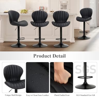 COLAMY Bar Stools Set of 3, Modern Swivel Bar Chairs, Adjustable Faux Leather Upholstered Barstools Counter Height with High Backrest for Bar, Kitchen Island, Dining Room, Black - Image 5
