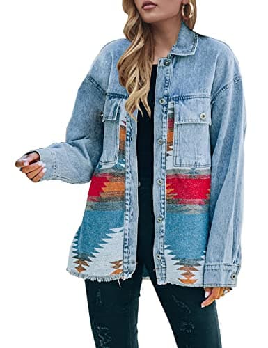 Lumister Aztec Denim Jacket Distressed Lapel Long Sleeve Vintage Button Down Denim Jacket Shacket(0007-Blue-S) - Image 1
