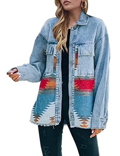 Lumister Aztec Denim Jacket Distressed Lapel Long Sleeve Vintage Button Down Denim Jacket Shacket(0007-Blue-S) - Image 1
