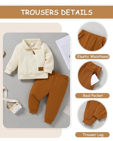 ZOEREA Toddler Baby Boy Clothes Outfits Long Sleeve Solid Sweatshirt and Pants 2 Piece Fall Winter Sweatsuit Set Apricot 12-18 Months - Image 2