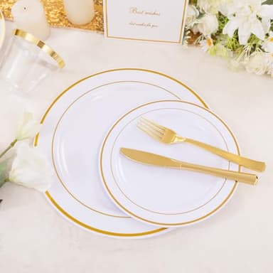 DaYammi 350PCS Gold Plastic Dinnerware Set for 50 Guests, Fancy Disposable Plates for Party, Include: 50 Dinner Plates, 50 Dessert Plates, 50 Pre Rolled Napkins with Gold Silverware, 50 Cups - Image 7