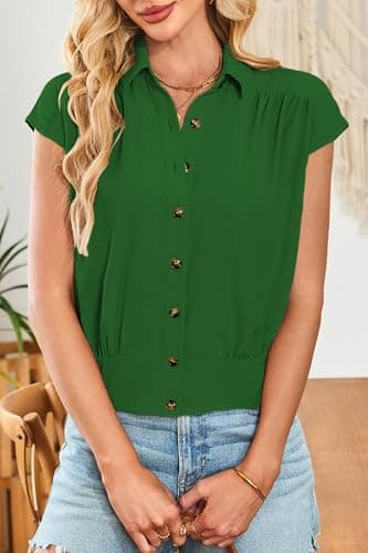 Cakulo Womens Summer Short Sleeve Button Down Shirts 2025 Dressy Casual Polo V Neck Collared Blouses Tops Green S - Image 2