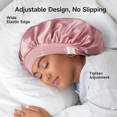 22 Momme 100% Real Mulberry Silk Bonnet for Sleeping Women, Large Hair Care Bonnet for Long Curly Hair, Double Layer Silk Wrap with Soft Elastic Band, Non-Slip Sleep Cap, Pink - Image 3