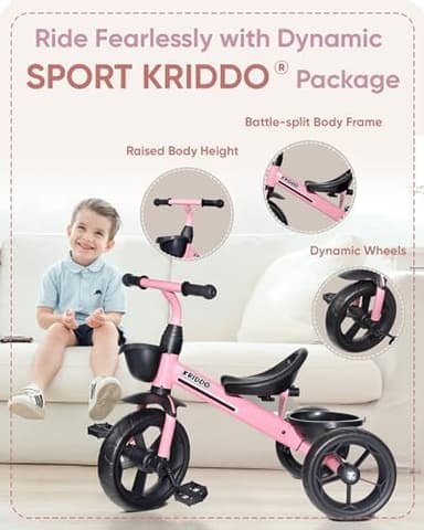 KRIDDO Kids Tricycles Age 24 Month to 4 Years, Toddler Kids Trike for 2.5 to 5 Year Old, Gift Toddler Tricycles for 2-4 Year Olds, Trikes for Toddlers, Sporty Styling, Pink - Image 3