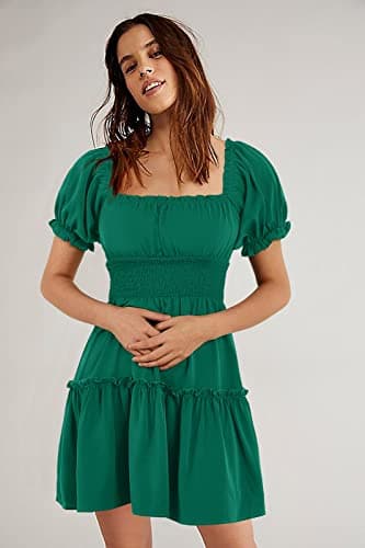 Heysolo Womens Square Neck Mini Dress Casual Short Sleeve Empire Waist Smocked Summer Babydoll Dresses - Image 2