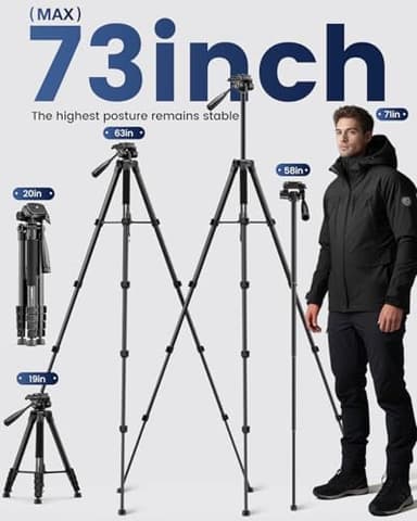CAMBOFOTO 73" Camera Tripod and Monopod, Professional Aluminum Tripod Stand for Mirrorless Camera/DSLR/Cell Phone/Camcorder/GoPro, with Phone Holder and Travel Bag (Black) - Image 3