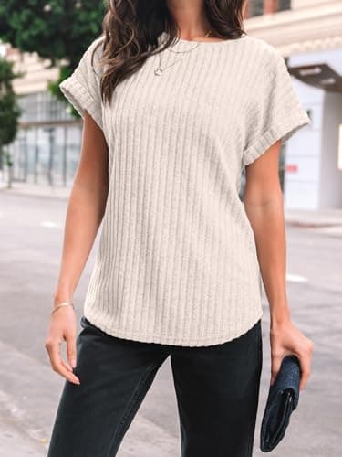 AUTOMET Women Textured Shirts Fall Sweaters Loose Fit Short Sleeve Tunic Tops 2025 Dressy Casual Business Blouses Apricot 3XL - Image 5