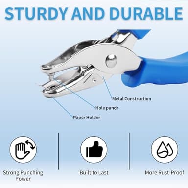 Single Hole Punch, 2 Pcs Hand Hole Puncher with Soft Grip Handle, 1/4" and 1/8" Small Hole Paper Punch for Crafts, Scrapbooks, 6 Sheets Capacity, Tags, Tickets - Blue - Image 3