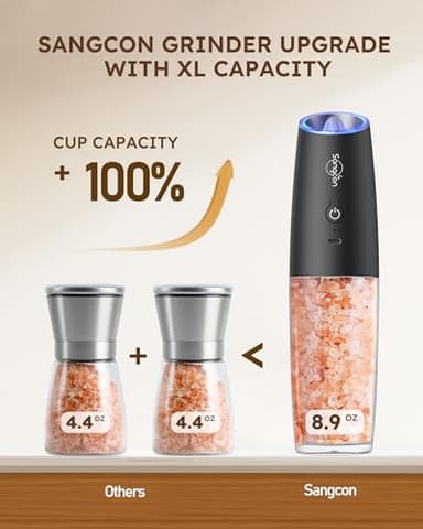 Sangcon Gravity Electric Salt and Pepper Grinder Set Shakers - UPGRADED RECHARGEABLE 9OZ XL Capacity USB-C No Battery Needed - LED Light One Hand Operation, Adjustable Coarseness Automatic Mill Set - Image 2