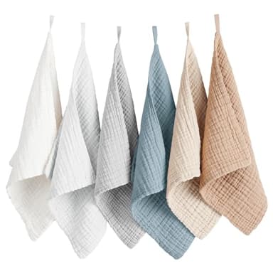 Konssy 6 Pack Baby Muslin Washcloths for Unisex 100% Cotton Wash Cloth Set for Baby Face Body Comfy and Soft for Newborn Infants Kids Girls and Boys - Image 1