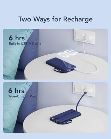 VRURC Portable Charger Power Bank, 10000mAh Travel Essentials, 5 Outputs 2 Inputs Slim Battery Pack Built-in Cables Cords Compatible with iPhone,Samsung,Android-Navy Blue(1 Pack) - Image 7