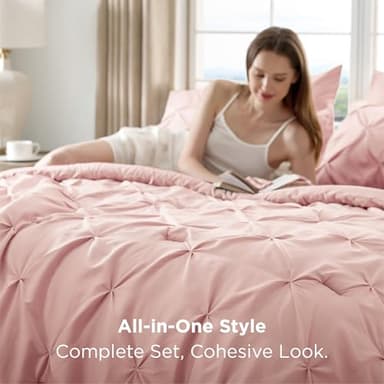 Bedsure Queen Comforter Set Pink - Bed in a Bag Queen Size 7 Pieces, GentleSoft™ Pintuck Bed Set Gift for Family, Pinch Pleat Pink Comforter with Sheets, Pillowcases & Shams - Image 4
