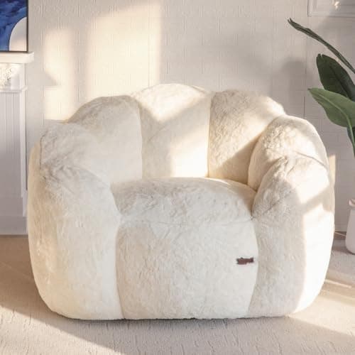 MAXYOYO Bean Bag Chair for Adults, Floral Shaped Bean Bag Sofa, Ultra Soft Faux Fur Floor Sofa, Large Reading Chair for Living Room Bedroom, Beige, Single - Image 1