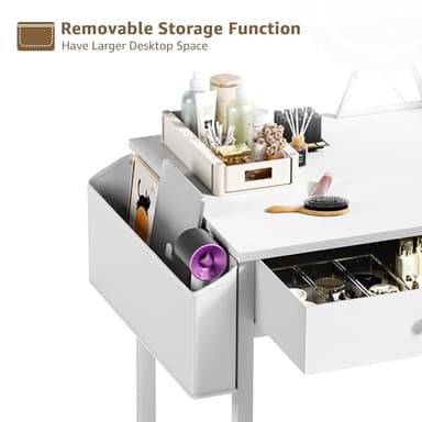 Makeup Vanity Desk with Mirror and Lights - Girls White Vanity Table Set with Chair, Fabric Drawers, Power Outlet, Small Modern Make Up Dressing Table for Bedroom - Image 8