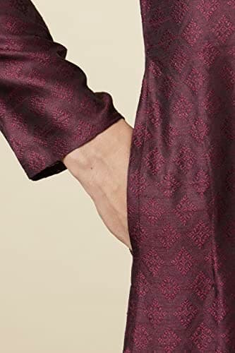 Manyavar Men Art Silk Self Design Full Sleeves Knee Length Kurta Set L WINE - Image 4