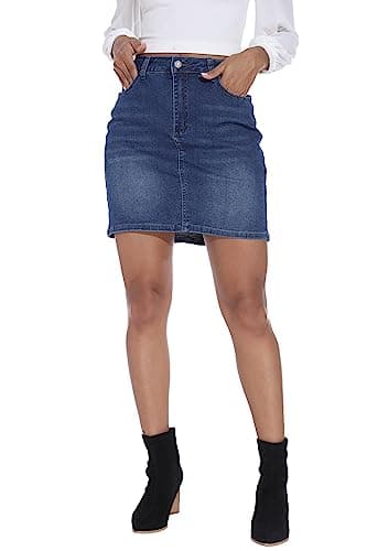 GUANYY Womens Mini Jean Skirt Stretch High Rise Casual Slim Fit Classic Elastic Denim Skirts Summer 2025 Blue Medium - Image 6