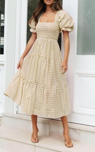 ZESICA Women's 2025 Bohemian Summer Plaid Square Neck Puff Sleeve Ruffle Flowy Beach Midi Dress,Beige,Large - Image 2