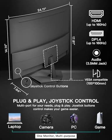 SANSUI 27 Inch Curved 160Hz Gaming Monitor, 1500R Curved Computer Gaming Monitor FHD 1080P, 4000:1, 110% sRGB, FPS/RTS, 1Ms MPRT|FreeSync|HDR|Low Blue Light|HDMI DP| VESA Support, HDMI Cable Incl. - Image 8