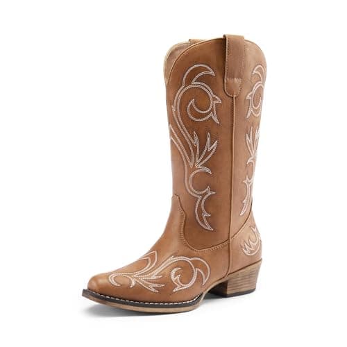 DREAM PAIRS Women's Cowboy Boots Mid Calf Cowgirl Boots Square Toe Chunky Heel Embroidery Stitched Western Boots,Size 7.5,Tan,SDMB2403W - Image 1
