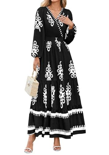 PRETTYGARDEN Women's 2025 Fall Wedding Guest Dresses Boho Floral Long Sleeve V Neck Flowy Elegant Maxi Dress Beach Clothes (Floral Black White,Large) - Image 1