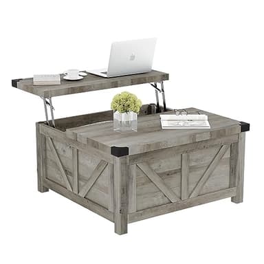 jimeimen Farmhouse Lift Top Coffee Table with Storage, Wood Square Center Table with Charging Station&USB Port, Living Room Table w/Large Hidden Space, for Living Room, Bedroom, Home Office, Grey - Image 8