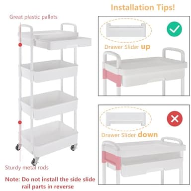 Calmootey 4-Tier Rolling Utility Cart with Drawer,Multifunctional Storage Organizer with Plastic Shelf & Metal Wheel,Storage Cart for Kitchen,Bathroom,Living Room,Office,White - Image 6