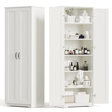 Teekyooly 70" Tall Storage Pantry Cabinet, Bathroom Floor Organizer Storage Cabinet with 2 Doors and 6 Adjustable Shelves, Standing Utility Cabinet for Dining Room, Food Storage and Kitchen, White - Image 1
