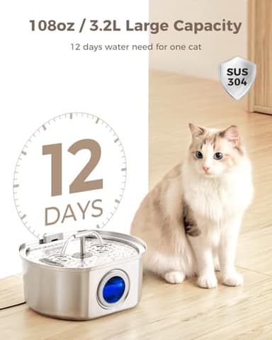 Cat Water Fountain Stainless Steel - Pet Drinking Fountain for Cats Indoor - 3.2L/108oz Automatic Water Dispenser with Watering Level Window (4 Filter) - Image 2