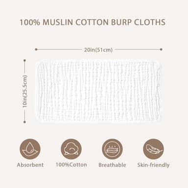 Yoofoss Muslin Burp Cloths for Baby 10 Pack 100% Organic Cotton Baby Washcloths for Boys Girls Large 20''X10'' Super Soft and Absorbent White - Image 4
