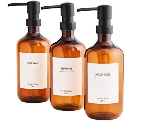 PALAKI – Shampoo and Conditioner Dispenser Set of 3 – Modern 19.6 oz Amber Shower Dispenser - Plastic Durable Containers, Space-Saving Design, Ideal for Organized Shower Experience - Image 1