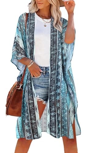 CHICGAL Resort Wear for Women 2025 Oversized Beach Cover up Summer Vacation Outfits(01-Blue Stripe Ethnic Print,M) - Image 1