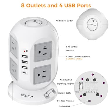 Tower Power Strip Surge Protector 10 Ft, TESSAN Flat Plug Extension Cord with Multiple Outlets, 8 AC Outlets, 4 USB Ports, 1 Built-in USB Cable, Desk Charging Station for Home Dorm Office - Image 6