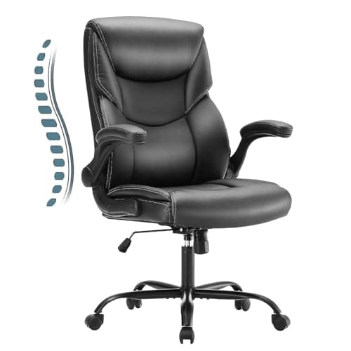 Sweetcrispy Ergonomic Computer Gaming Office Chair, Heavy Duty Task Desk Swivel Rolling Chairs with Wheels, Flip-up Arms, Adjustable Height, PU Leather, Black - Image 1