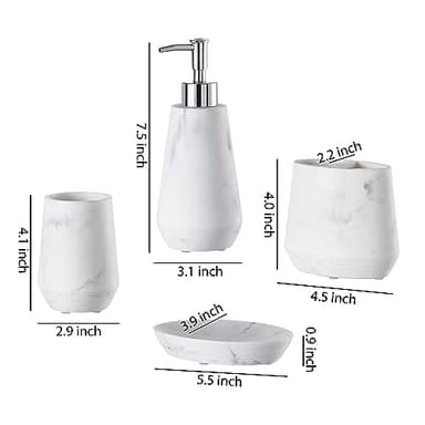 QL DESIGN 4 Piece Modern Bathroom Accessory Set with Marbled Style and Geometric Design Includes Lotion Dispenser, Toothbrush Holder, Tumbler, Soap Dish (Mordern Style Marble) - Image 2