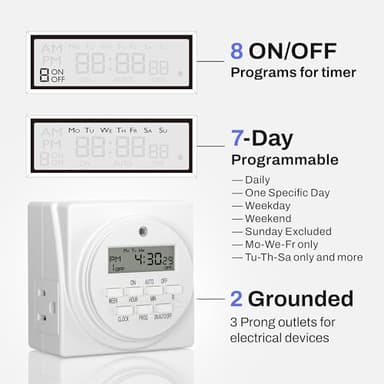 BN-LINK 7-Day Heavy Duty Digital Programmable Timer, 120V, 60Hz, Dual Outlet forLight, ETL Listed (2-Pack) - Image 3