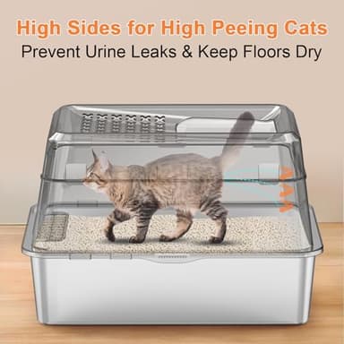 URPOWER Stainless Steel Cat Litter Box with Lid Extra Large Enclosed Litter Box for Cats Non-Sticky Metal Pan with High Sided Enclosure & Scoop, Front & Top Entry, Anti-Leakage, Easy Cleaning - Image 2