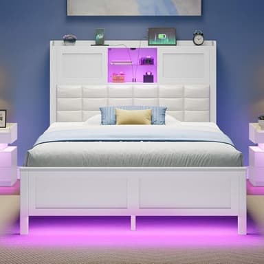 Rolanstar Bed Frame Twin Size with Charging Station, Bookcase Headboard Bed with LED Light and Sliding Doors, Platform Bed with Wooden Slats, No Box Spring Needed, Noise Free, White - Image 1