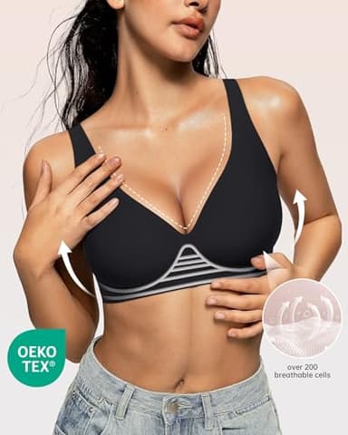 OEAK Womens Deep V Bras Wireless Comfortable Bra Supportive No Underwire Bras Tshirt Push Up Bralettes Plunge Seamless Bra Black M - Image 2