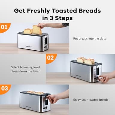 Mecity 4 Slice Toaster, Long Slot Toaster With Countdown Timer, Bagel/Defrost/Reheat/Cancel Functions,Warming Rack, Removable Tray, 6 Browning Settings, Extra Wide Slots, Stainless Steel, 1300W - Image 9