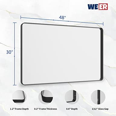 WEER 48X30 Inch Black Metal Framed Bathroom Mirror, Matte Black Bathroom Vanity Mirror, Rectangular Black Wall Mirror for Bathroom, Tempered Glass, Rounded Corner, Hangs Horizontal or Vertical - Image 6