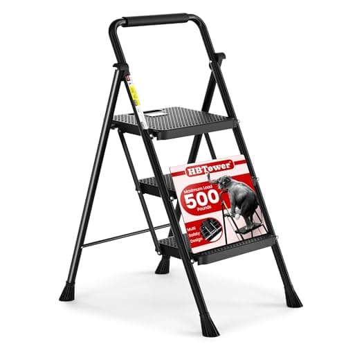 HBTower Step Ladder, Folding Step Stool with Wide Anti-Slip Pedal, Sturdy Steel Ladder, Convenient Handrail, Lightweight, Portable Steel Step Stool - Image 1
