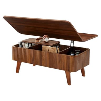 3 in 1 Lift Top Coffee Table, Fluted Convertible Coffee Tables Converts to Dining Tables, Modern Oval Wooden Center Table with Storage for Living Room Office Small Space, Partial Assembly (Walnut) - Image 9