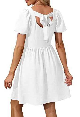 OFEEFAN White Dresses for Women Short Sleeve Mini Dress Summer Chiffon Cocktail Dress Square Neck S - Image 5