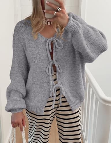 PRETTYGARDEN Women's Tie Front Bow Cardigan Sweaters Chunky Knit Long Puff Sleeve Trendy Fall Winter Jacket Coats (Grey,Small) - Image 5