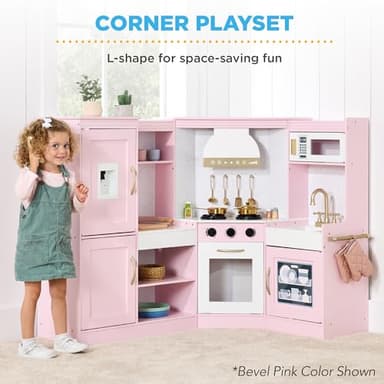 Best Choice Products Pretend Play Corner Kitchen, Ultimate Interactive Wooden Kids Playset w/Lights & Sounds, Ice Maker, Hood - Pink - Image 3