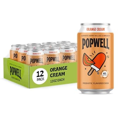 Popwell Orange Cream Caffeinated Better-For-You Prebiotic Soda, with 6g Fiber, 1g Sugar, Vitamins and Immunity Support, 12 fl oz Cans (pack of 12) - Image 1