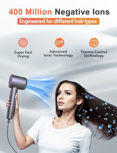 MLCLL Professional Ionic Hair Dryer, 1800W High Speed Blow Dryer for Home Salon, Real 200 Million Negative Ions, 120,000 RPM Brushless Motor for All Hair Types-1 (Silver) - Image 6